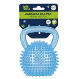 Modrá dentální pískací hračka pro psy s úchytem o průměru koule 9,5 cm