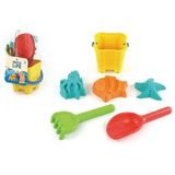 Šestidílná dětská sada na písek s kyblíkem, nářadím a třemi barevnými formičkami