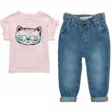 Set pentru fete - tricou și pantaloni din denim, Minoti, Purrfect 1, roz