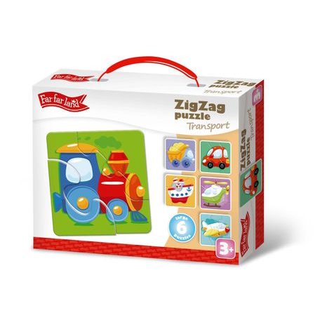 KRABICE S PUZZLE FAR FAR LAND ZIGZAG DOPRAVA SE 6 BAREVNÝMI OBRÁZKY STROJŮ