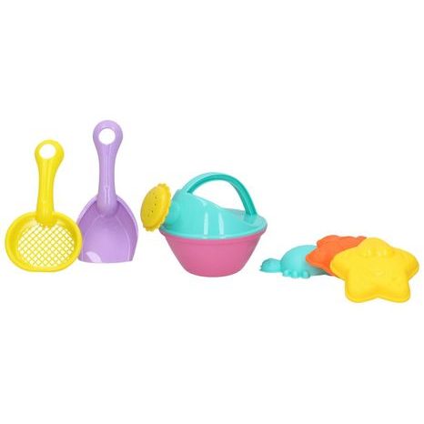 ŠESTIDÍLNÁ SADA NA PÍSEK S KONVIČKOU, LOPATKOU A BAREVNÝMI FORMIČKAMI