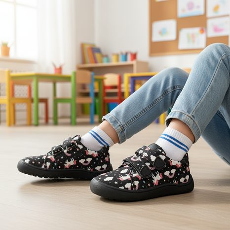 DIEVČENSKÉ BAREFOOT TENISKY KORO BLACK UNI PROTETIKA JEDNOROŽCE ČIERNE