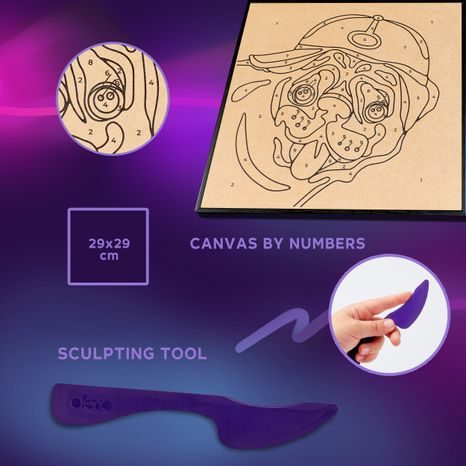 OČÍSLOVANÉ SCHÉMA HLAVY BULDOČKA NA NAPNUTÉM PLÁTNĚ PŘED ZAČÁTKEM MODELOVÁNÍ