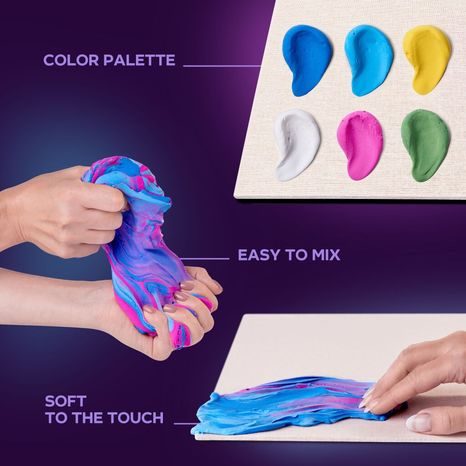 DETAIL BAREVNÉ PALETY MODELOVACÍCH HMOT V MODRÝCH A RŮŽOVÝCH ODSTÍNECH