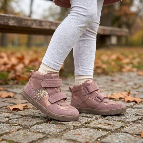 DIEVČENSKÉ CELOROČNÉ KOŽENÉ ČLENKOVÉ BAREFOOT TOPÁNKY LOOP HIGH-TOPS PINK/GOLD FRODDO G2110157-5
