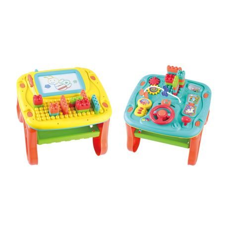 OBOUSTRANNÝ HRACÍ STOLEČEK PRO DĚTI S VOLANTEM A AKTIVITAMI