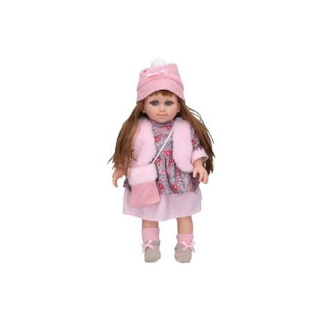 DETAILNÍ ZÁBĚR NA KABELKU A ŠATY MĚKKÉ HRAJÍCÍ PANENKY 38 CM