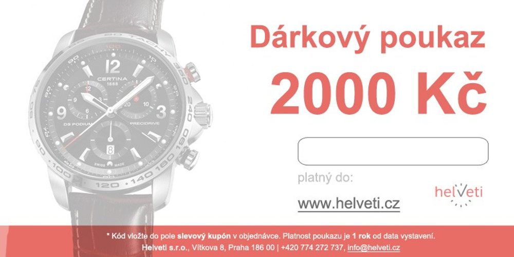 Helveti Dárkový poukaz 2000 Kč - Tištěný + 5 let záruka, pojištění hodinek ZDARMA