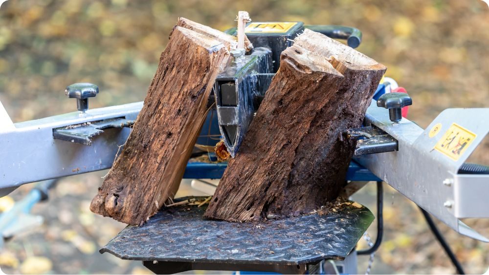 Štípání špalku pomocí hydraulické štípačky
