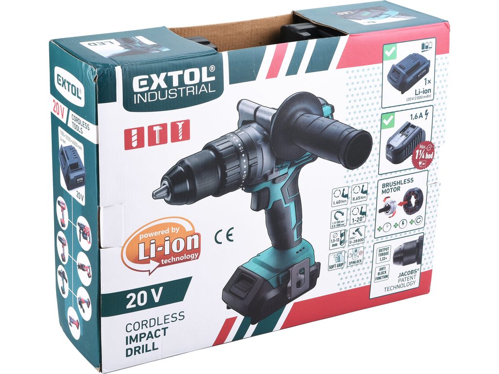 EXTOL INDUSTRIAL 8791800 - vrtací šroubovák aku s příklepem SHARE20V,  BRUSHLESS, 20V Li-ion, 2000mAh - EXTOL INDUSTRIAL - Aku nářadí - Dílna a  stavba - Jarabák - ví co a jak