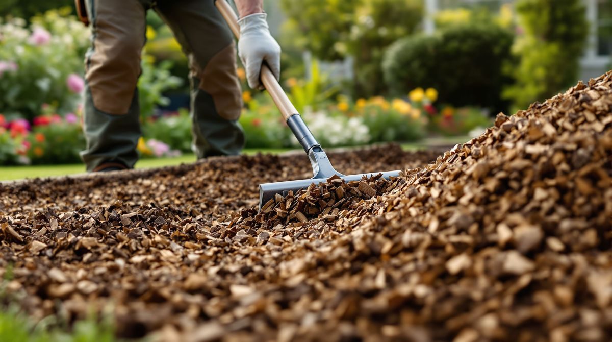 aplikace mulče na záhonu