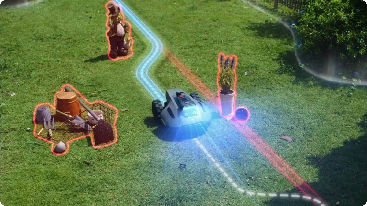 Bezdrátová robotická sekačka s AI navigací rozpoznává překážky a přizpůsobuje se členité zahradě