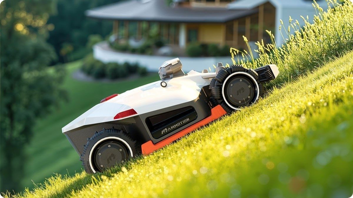 Robotická sekačka seká do svahu