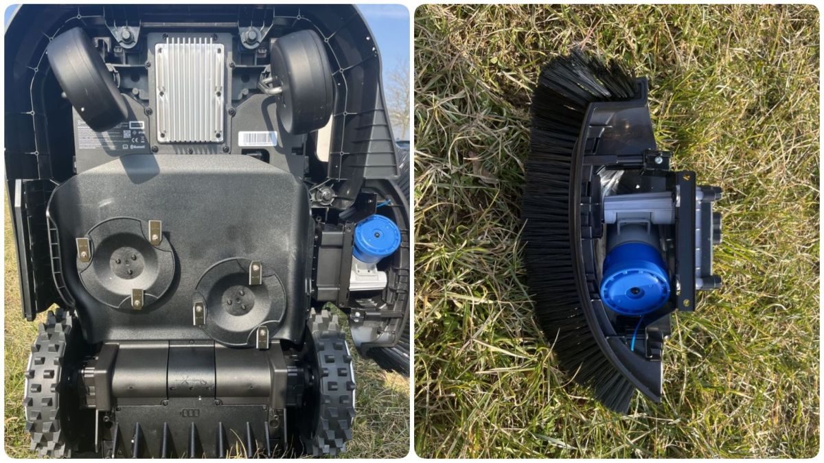 Spodní část sekačky ECOVACS GOAT A1600 LiDAR PRO s dvojicí žacích kotoučů a dožínačem TruEdge