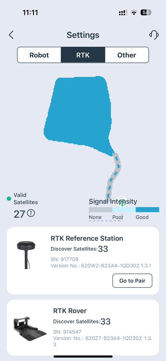 zobrazení síly RTK signálu a počtu satelitů v aplikaci ECOVACS HOME