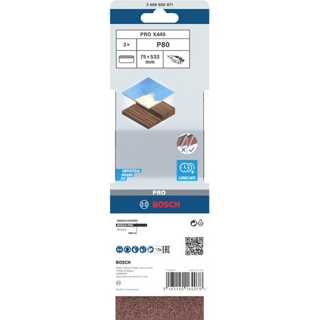 3x Brusný pás Bosch PRO X440 75 x 533 mm G80 2608606071