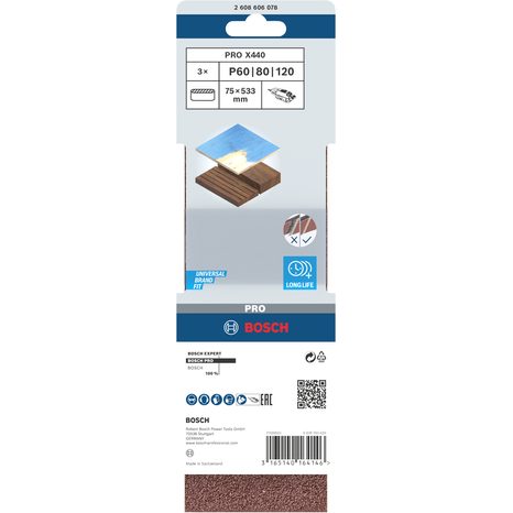 3x Brusný pás Bosch PRO X440 75 x 533 mm sada G60/80/100