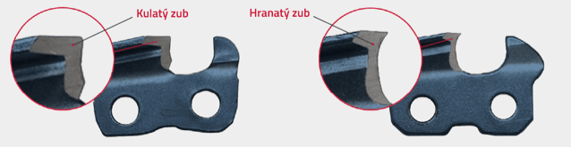 Kulatý a hranatý profil zubu pilového řetězu