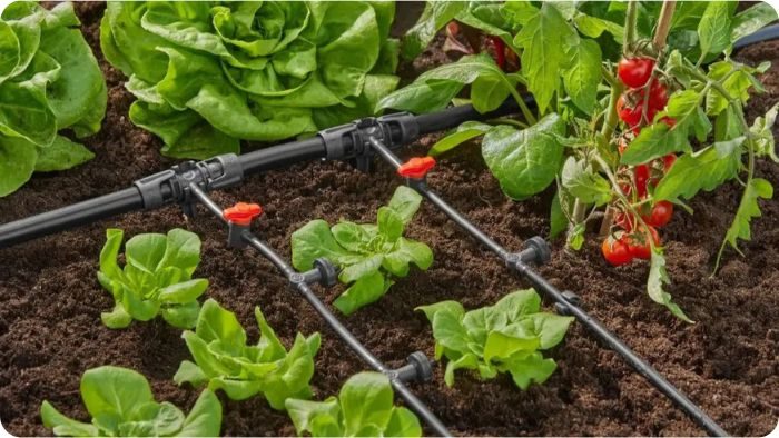 Zavlažovací systém Gardena Micro-Drip na zeleninovém záhonu