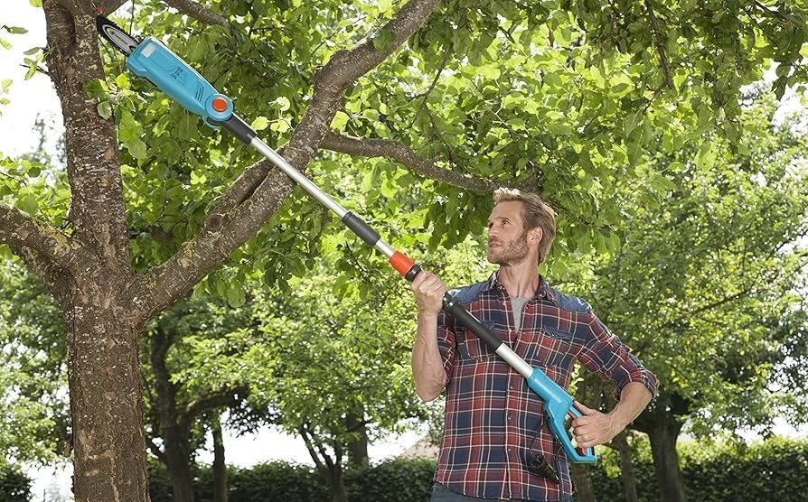 prořezávání větví stromu pomocí elektrického prořezávače s teleskopickou rukojetí