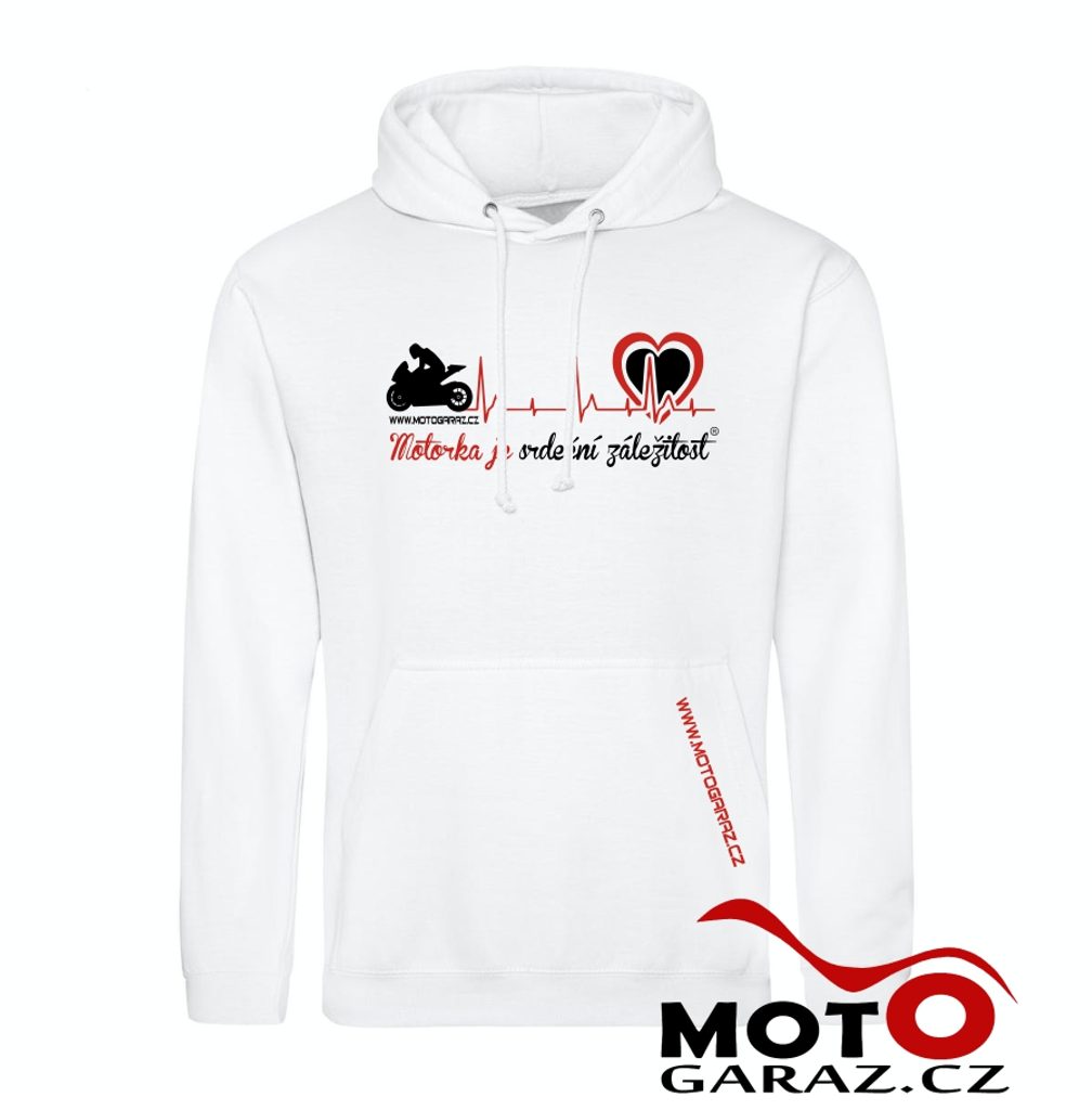 Mikina s kapucí Motorka je Srdeční Záležitost ® Bílá Pánská - MOTORKA JE SRDEČNÍ  ZÁLEŽITOST - Pánské oblečení - 999 Kč - Motogaráž.cz - Vše pro motorkáře na  jednom místě!