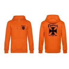 PÁNSKÁ MIKINA S KAPUCÍ A MOTIVEM CHOPPERS 'TIL YOU DIE - ORANŽOVÁ
