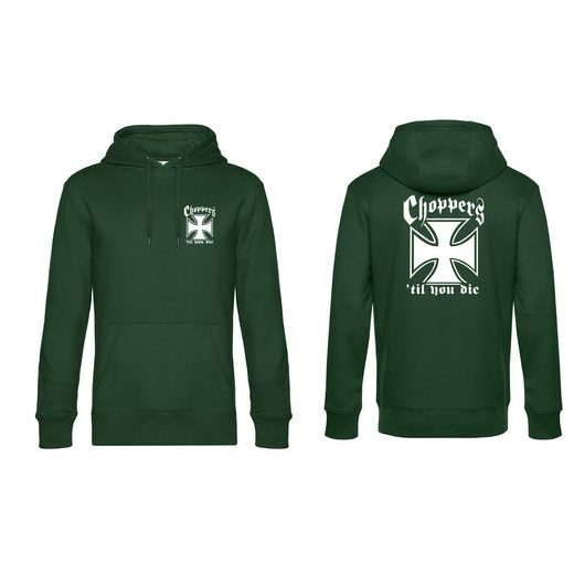 PÁNSKÁ MIKINA S KAPUCÍ A MOTIVEM CHOPPERS 'TIL YOU DIE - ZELENÁ