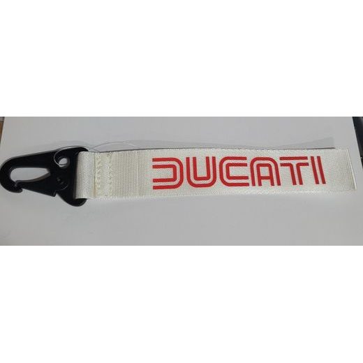 KLÍČENKA S MOTIVEM DUCATI - BÍLÁ S ČERVENÝM NÁPISEM