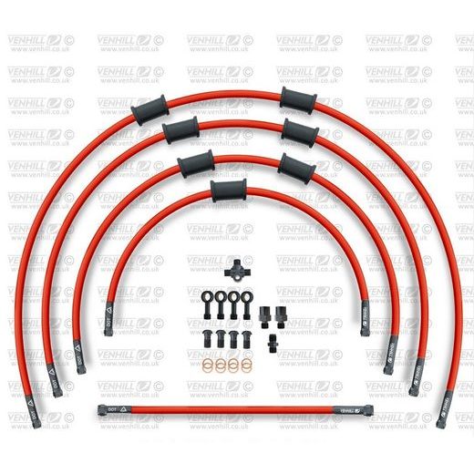 STANDARD HADICE PŘEDNÍ BRZDY SADA VENHILL POWERHOSEPLUS KAW-6002FB-RD (5HADIC V SADĚ) ČERVENÉ HADICE, ČERNÉ KONCOVKY