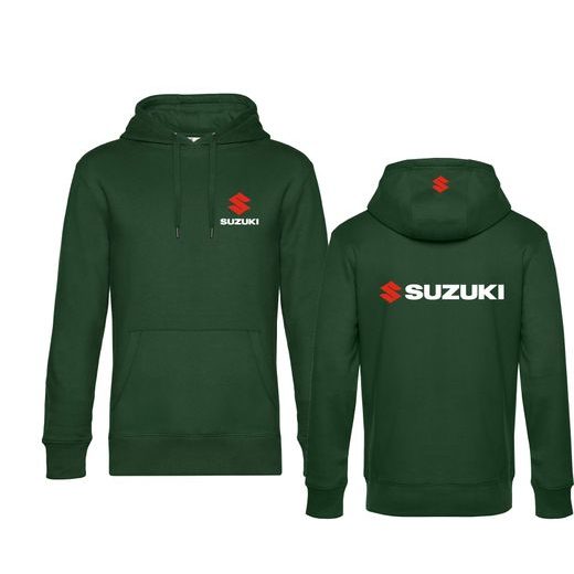 PÁNSKÁ MIKINA S KAPUCÍ A MOTIVEM SUZUKI - LÁHVOVĚ ZELENÁ