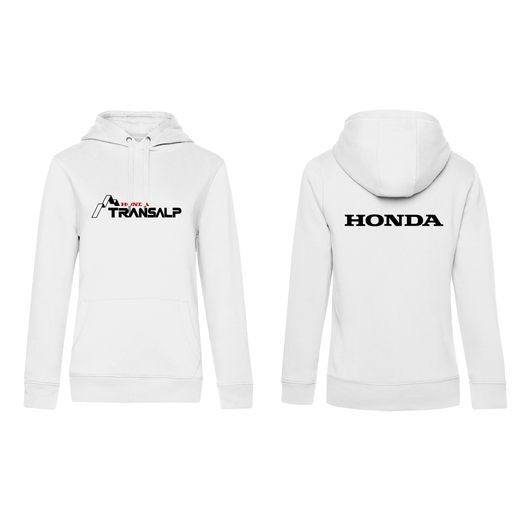 DÁMSKÁ MIKINA S KAPUCÍ A MOTIVEM HONDA TRANSALP - BÍLÁ