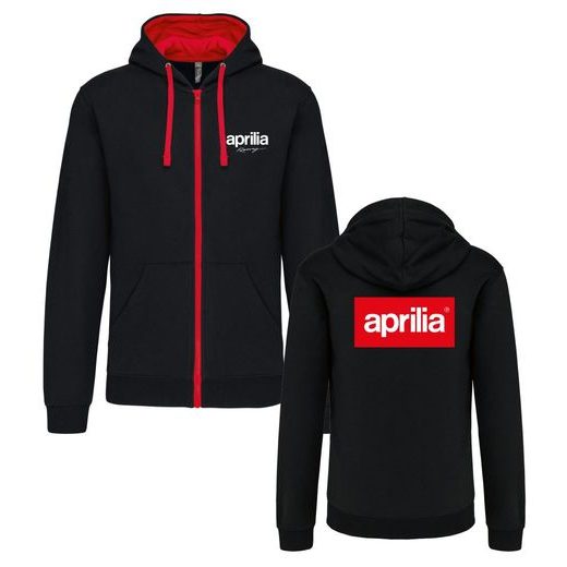 PÁNSKÁ MIKINA NA ZIP S KAPUCÍ A MOTIVEM APRILIA - ČERNÁ