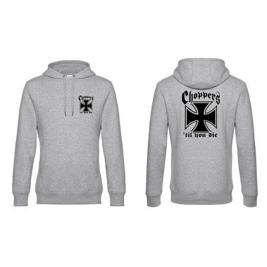 PÁNSKÁ MIKINA S KAPUCÍ A MOTIVEM CHOPPERS 'TIL YOU DIE - SVĚTLE ŠEDÁ