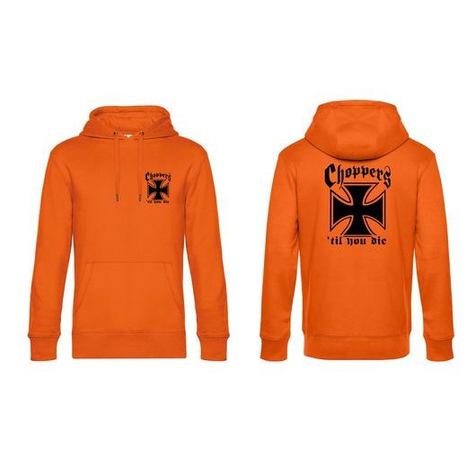 PÁNSKÁ MIKINA S KAPUCÍ A MOTIVEM CHOPPERS 'TIL YOU DIE - ORANŽOVÁ