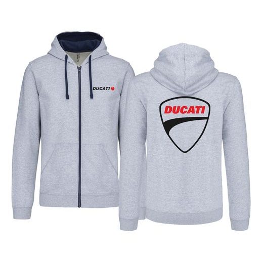 PÁNSKÁ MIKINA NA ZIP S KAPUCÍ A MOTIVEM DUCATI - SVĚTLE ŠEDÁ