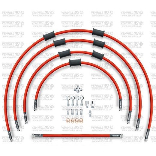 STANDARD HADICE PŘEDNÍ BRZDY SADA VENHILL POWERHOSEPLUS KAW-11006F-RD (3 HADICE V SADĚ) ČERVENÉ HADICE, CHROMOVÉ KONCOVKY