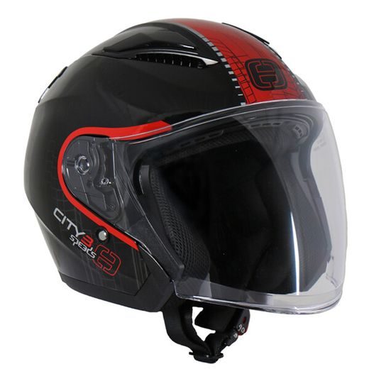 OTEVŘENÁ HELMA NA MOTORKU SE SLUNEČNÍ CLONOU SPEEDS CITY III ČERNO/ČERVENÁ LESKLÁ