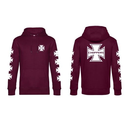 PÁNSKÁ MIKINA S KAPUCÍ A MOTIVEM CHOPPERS - VÍNOVÁ