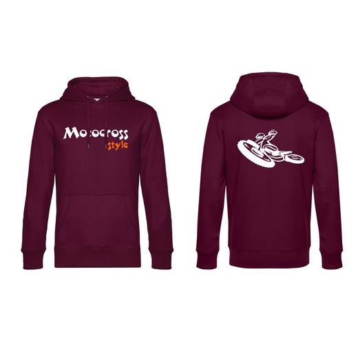PÁNSKÁ MIKINA S KAPUCÍ A MOTIVEM MOTOCROSS - VÍNOVÁ