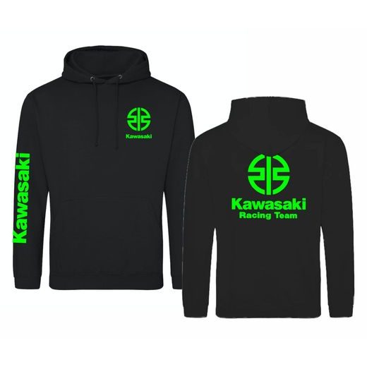 PÁNSKÁ MIKINA S KAPUCÍ A MOTIVEM KAWASAKI RACING TEAM - ČERNÁ NEON