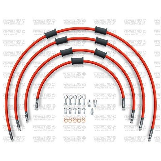 STANDARD HADICE PŘEDNÍ BRZDY SADA VENHILL POWERHOSEPLUS HON-10033FS-RD (4 HADICE V SADĚ) ČERVENÉ HADICE, NEREZOVÉ KONCOVKY