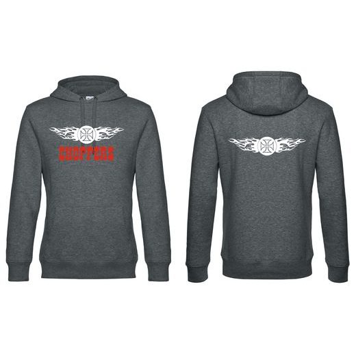 PÁNSKÁ MIKINA S KAPUCÍ A MOTIVEM CHOPPERS FLAMES - ŠEDÁ