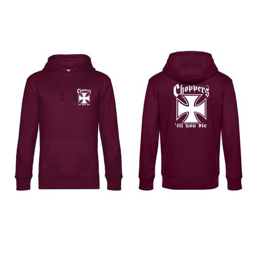 PÁNSKÁ MIKINA S KAPUCÍ A MOTIVEM CHOPPERS 'TIL YOU DIE - VÍNOVÁ