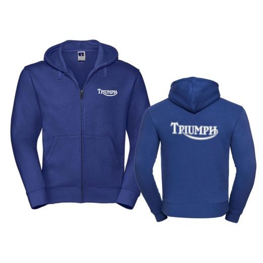 PÁNSKÁ MIKINA NA ZIP S KAPUCÍ A MOTIVEM TRIUMPH - KRÁLOVSKY MODRÁ