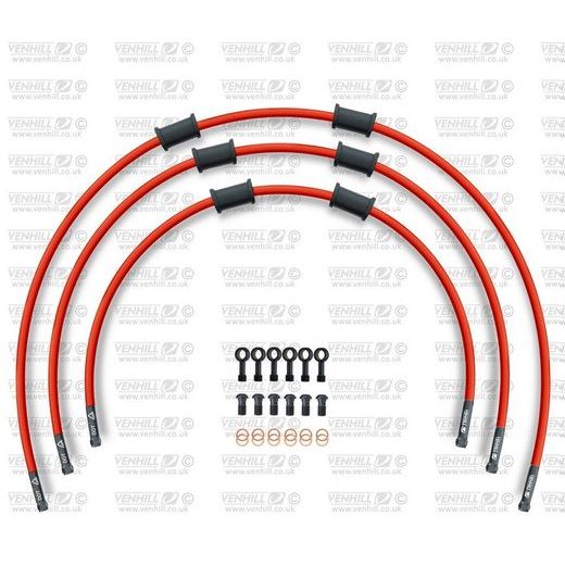 STANDARD HADICE PŘEDNÍ BRZDY SADA VENHILL POWERHOSEPLUS KAW-2002FB-RD (3 HADICE V SADĚ) ČERVENÉ HADICE, ČERNÉ KONCOVKY