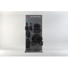 SW MOTECH SALES DISPLAY - WALL WITH EQUIPMENT TOPIC: PRO REAR BAGS AND ACCESSORIES.