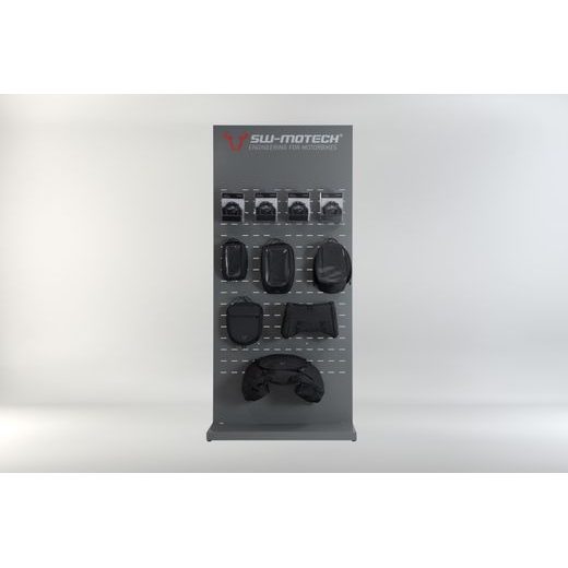 SW MOTECH SALES DISPLAY - WALL WITH EQUIPMENT TOPIC: ION TANK BAGS, TAIL BAGS AND ACCESSORIES.