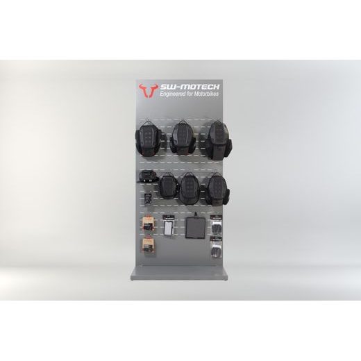 SW MOTECH SALES DISPLAY - WALL WITH EQUIPMENT TOPIC: PRO TANK BAGS AND ACCESSORIES.