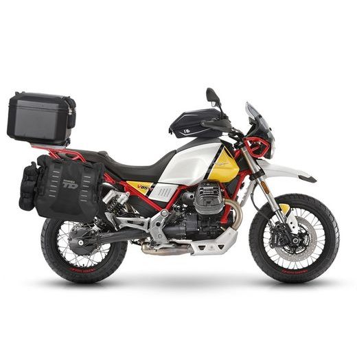 KOMPLETNÍ SADA BOČNÍCH ADVENTURE BRAŠEN SHAD TERRA TR40 A ČERNÉHO HLINÍKOVÉHO 37L TOPCASE, VČETNĚ MONTÁŽNÍ SADY SHAD MOTO GUZZI V 85 TT