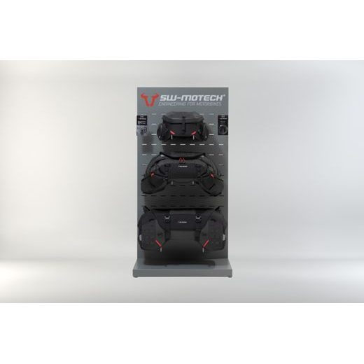SW MOTECH SALES DISPLAY ROOM WITH MOUNTING TOPIC: PRO REAR BAGS AND ACCESSORIES.